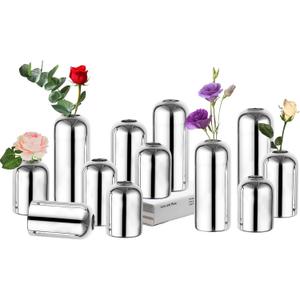 Glass Bud Vases for Centerpieces Silver - Hewory 12pcs Blown Modern Cylinder Small Glass Vases, Mini Bulk Single Flower Vase for Wedding Party Event Home Decor Floral Arrangement (Not Include Flowers)