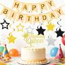 Gold Happy Birthday Banner with Gold Queen Cake Toppers and Hanging Vortex for Girls Women Birthday Party Decorations Supplies