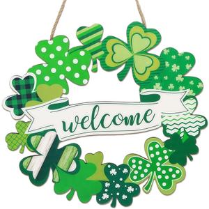 2 x St. Patrick's Day Wooden Shamrock Door Wreath 11"x10" - Handcrafted St. Patrick's Day Decoration, Irish Green Clover Ornament for Indoor Outdoor Home Party Welcome Sign
