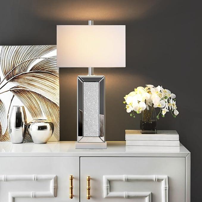 Modern Table Lamp Touch Control, Silver Mirror Diamond Crystal Bedside Lamp with USB C+A Ports, 3-Way Dimmable Mirrored Nightstand Lamps White Fabric Shade for Living Room Bedroom Art Decor