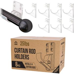 8pcs Heavy Duty Curtain Rod Holders with Wide Hook, 5X Stronger Than Adhesive Curtain Rod Hooks, 25 LBS Tension Curtain Rod Bracket for Wall with Level and Pin Guide, Curtain Wall Mount