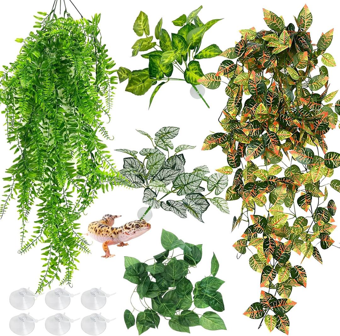Hamiledyi 5 Pcs Reptile Plants Terrarium Hanging Fake Plant Leaves, Bearded Dragon Tank Accessories, Habitat Decor for Snake Leopard Gecko Lizard Chameleon Spider Turtle (Style 3)