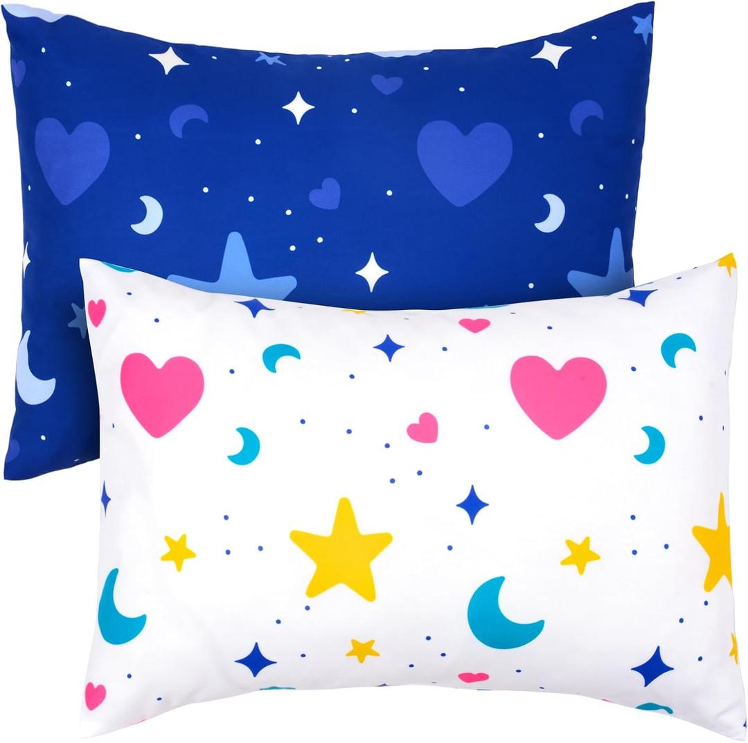 UOMNY Toddler Pillowcases for Girls 13X18 12x16 14x19 Star Baby Pillow Case 2 Pack Small Pillow Covers for Travel Pillow Blue White (Stars and Moon)