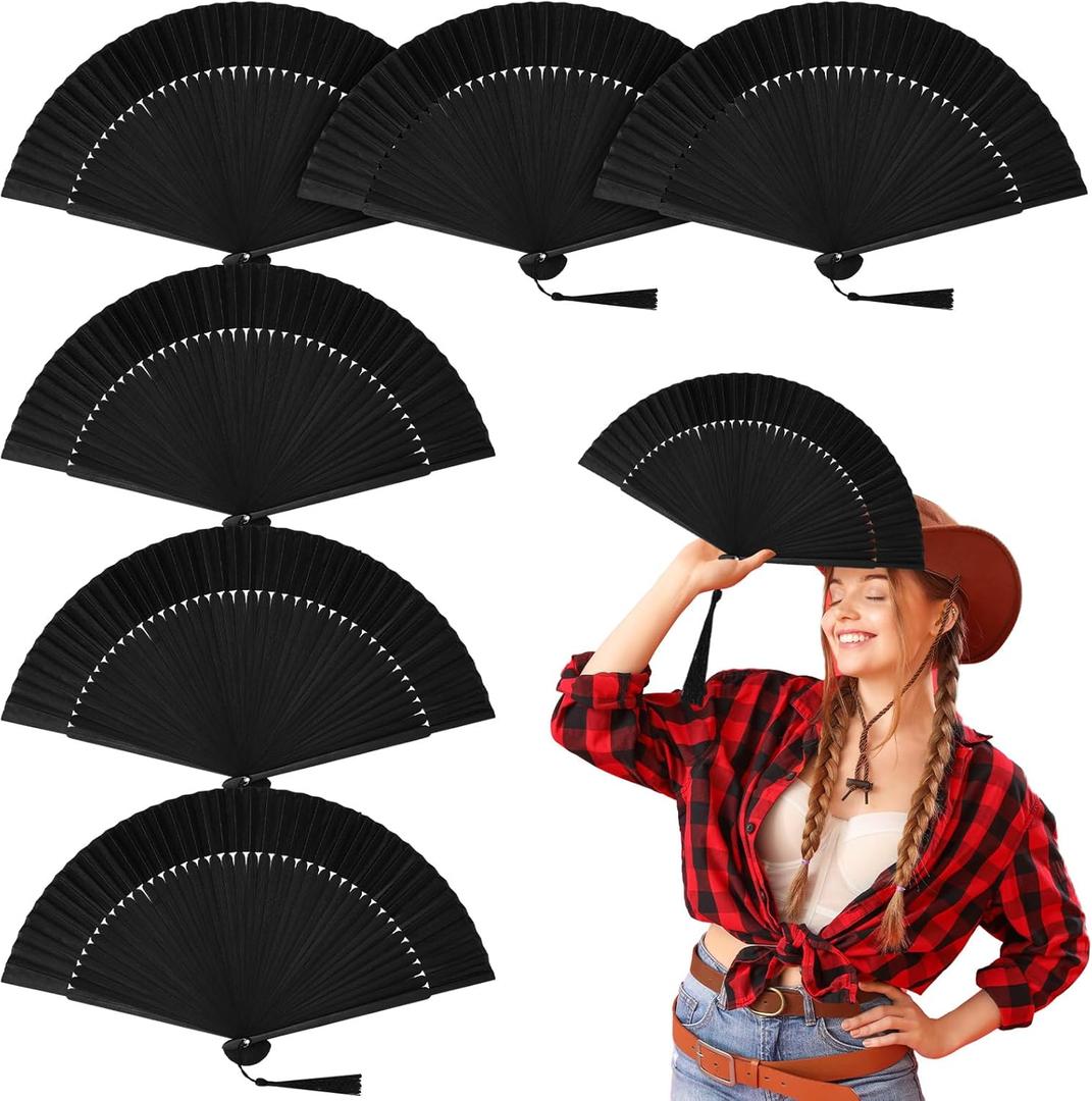 Thyle 6 Pcs Small Folding Hand Fans Bulk - 8.3 Inch Vintage Chinese Japanese Style, Black Fans DIY for Wedding, Party Favors, Dance Performance, Bridal Shower Decorations & Gifts