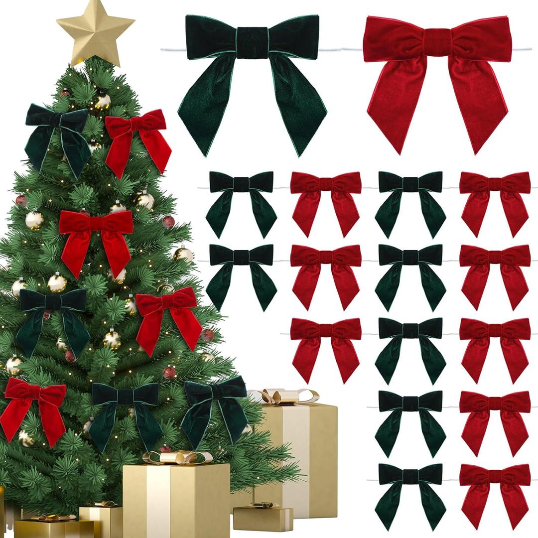 24 Pcs Velvet Christmas Bows for Christmas Tree 4.72" Rustic Crafts Gift Velvet Ribbon Bows Twist Tie Bows for Xmas Wreaths Garland Gift Wrapping Wedding Decor(Red,Green)