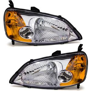 for 2001 2002 2003 Civic 2/4dr Headlight Assembly compatible with 01 02 03 Honda Civic 2/4dr Clear Lens Chrome Housing Amber Reflector Headlamp Replacement Left and Right Pair