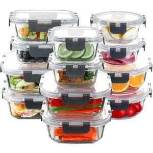C CREST Food Storage Glass Containers Set of 12 with Locking Lids, Multi-Size, Airtight Seal for Freshness, Perfect for Meal Prep and Storage (Grey)