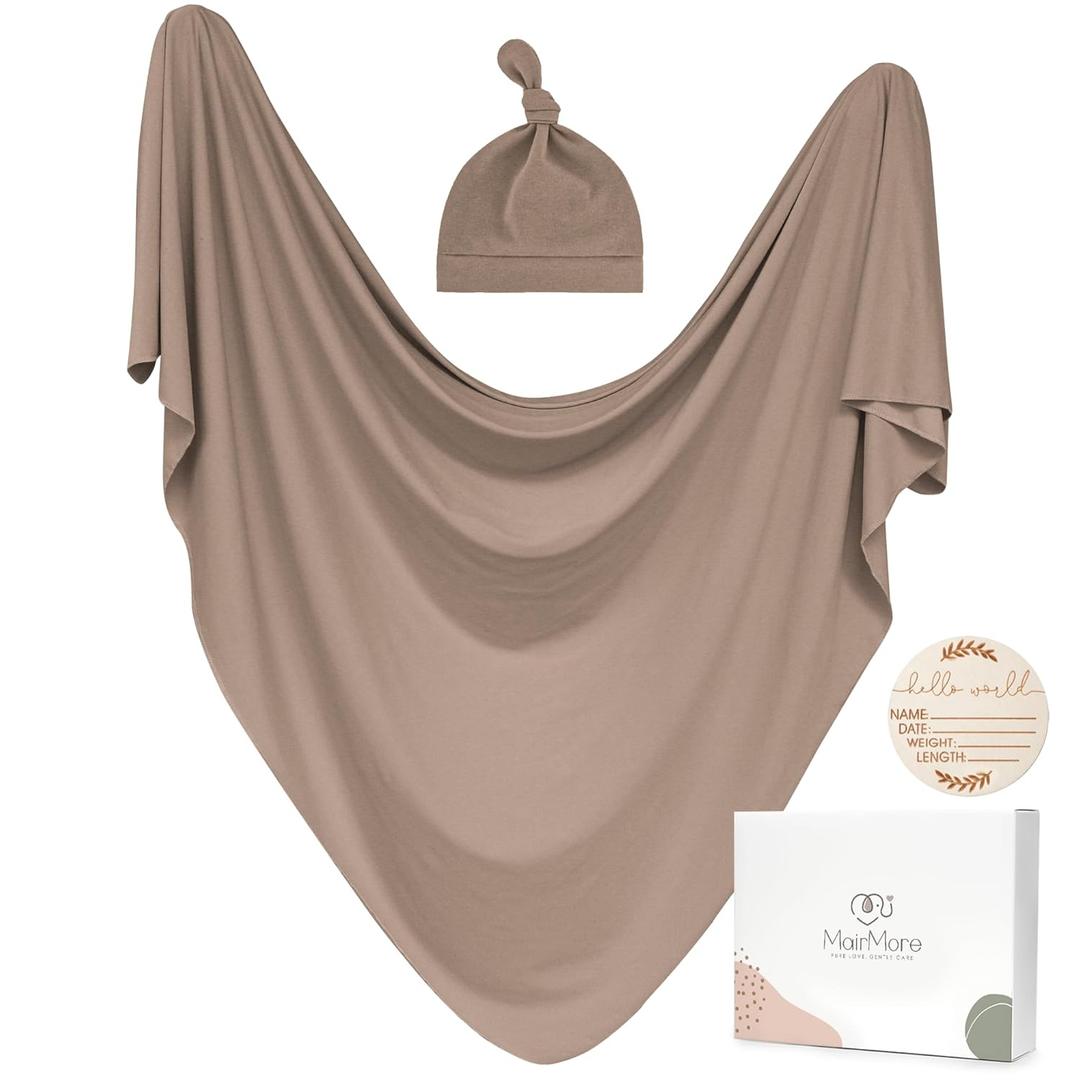 MairMore Baby Swaddle Receiving Blankets with Matching Beanie Set Newborn Nursery Swaddle Wrap for Baby Girls and Boys (Brown)