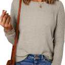 EVALESS Womens Sweaters Casual Long Sleeve Crewneck Cable Knit Lightweight Oversized Crochet Sweater Pullover Tops (X-Large, Parchment)