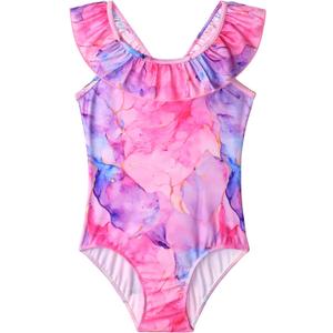 Snowheart Girls Swimsuit One Piece Bathing Suit Kids Quick Dry Shoudler Ruffle Floral Swimwear for 3-12 Years Old (Pink)