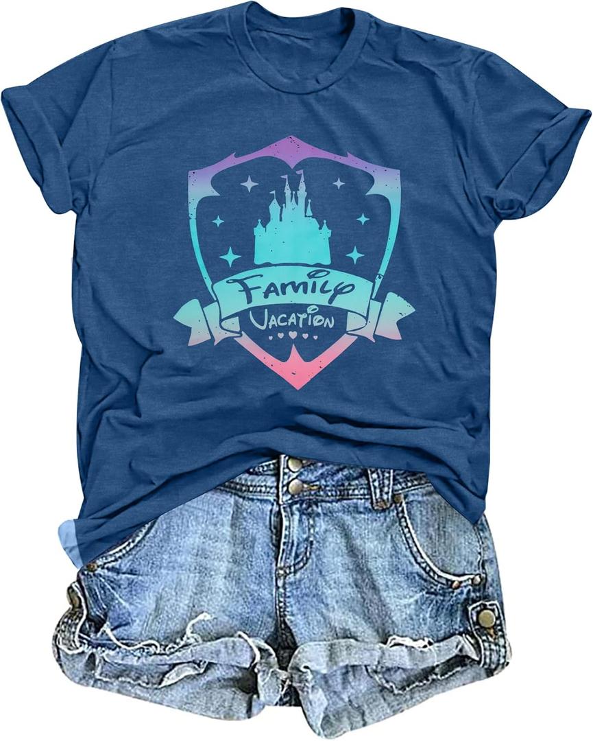 ALLTB Family Vacation Shirts Women Magical Castle Graphic Shirt Cute Magic Kingdom T-Shirt Summer Short Sleeve Top, XXL