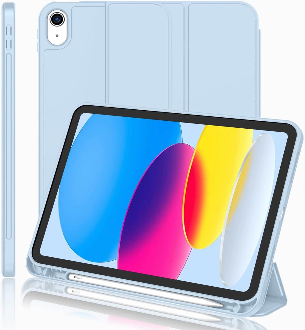 iMieet iPad (A16) Case 11th Gen/iPad 10th Generation Case [11-Inch 2025/10.9 Inch 2022] with Pencil Holder, Trifold Stand Smart Cover with Soft TPU Back,Auto Wake/Sleep(Sky Blue)