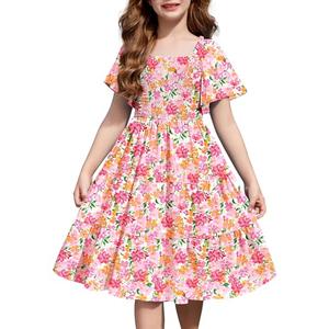Arshiner Tween Girl Pink Floral Easter Summer Dresses Beach Tiered Midi Dress with Pockets for 9-10 Years