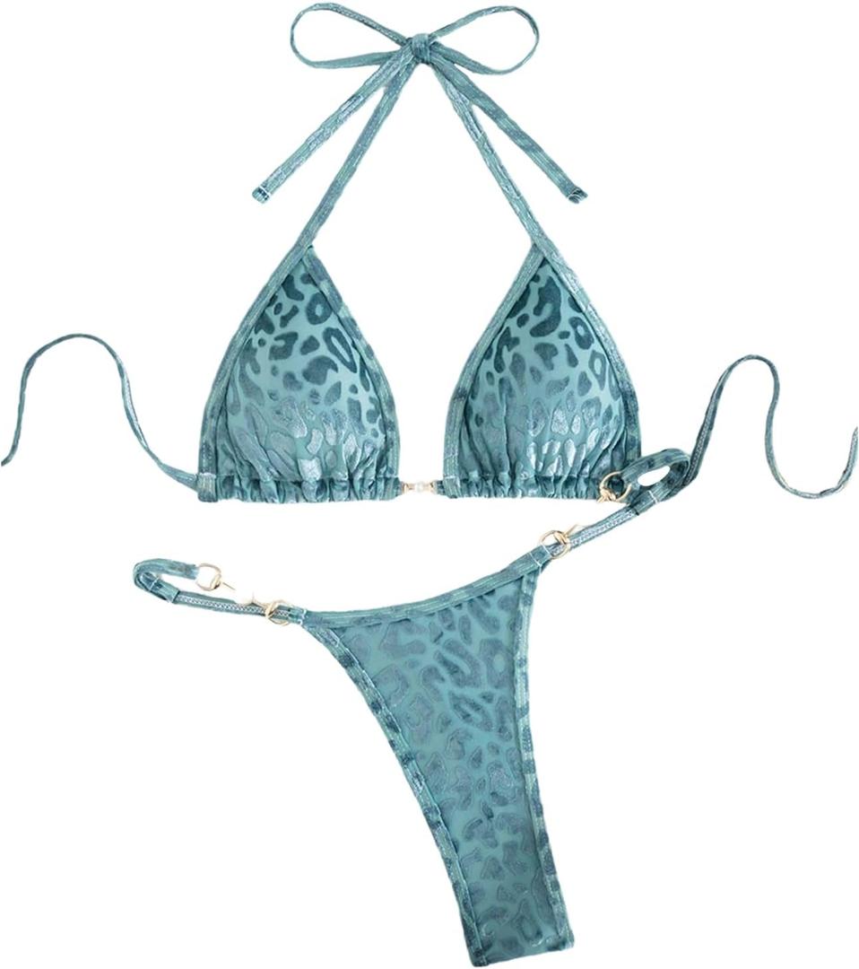 Verdusa Women's 2 Piece Leopard Print Cheeky Triangle Bikini Sets Self Tie High Cut Swimsuit (Large, Teal Blue)