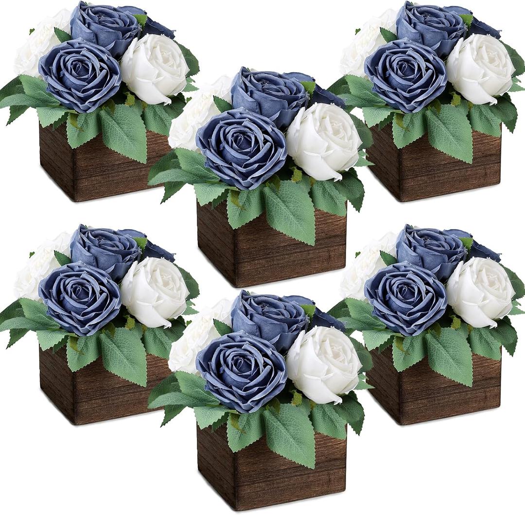 Dining Table Centerpiece Set of 6 - Pre-Made Aritifial Rose with Wooden Vase Fake Floral Arrangment Faux Flower for Wedding Bridal Tea Party Event Decorations - Navy Blue & White