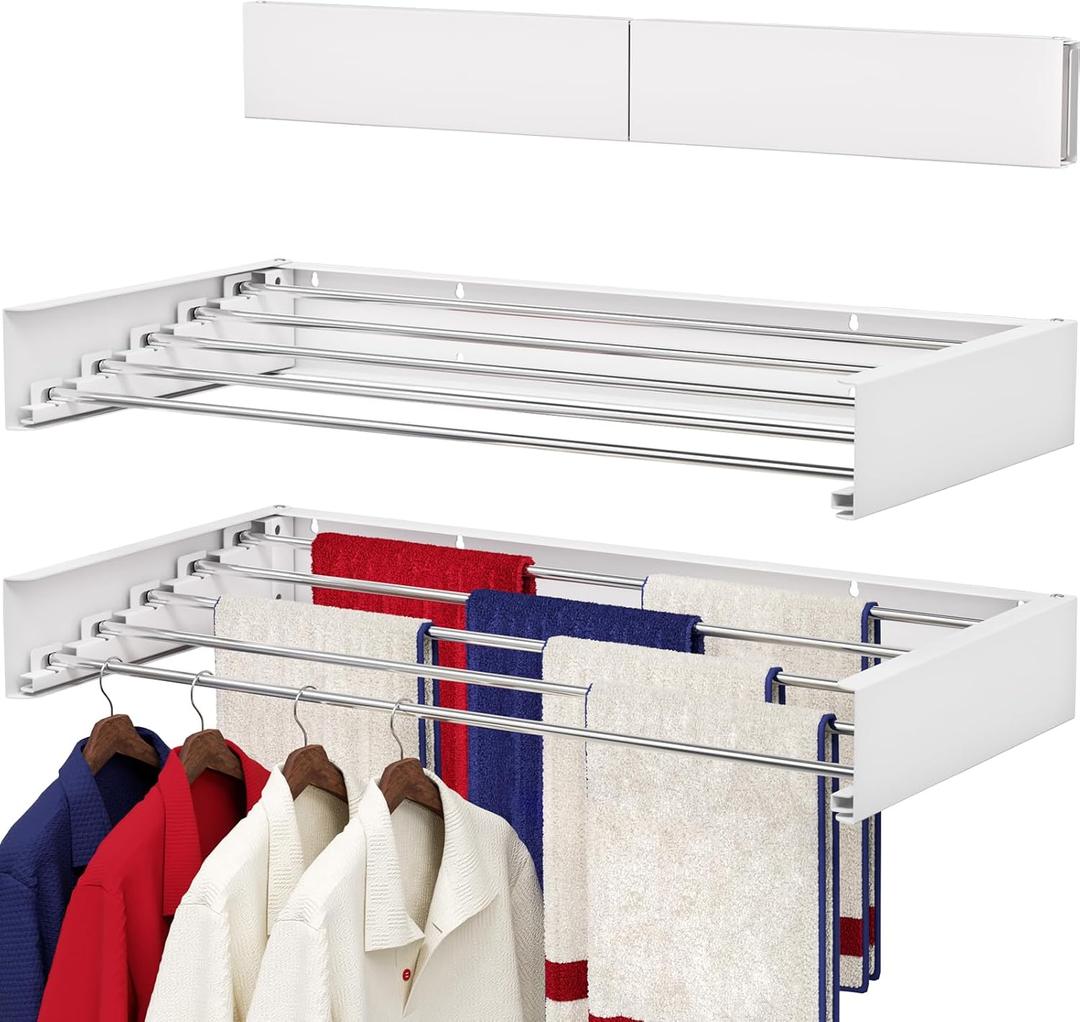 Wall Mounted Drying Rack 31.5", Foldable Laundry Drying Rack with Stainless Steel Rods, Retractable Laundry Space Saver for Indoor & Outdoor Use, Include Wall Template (White)