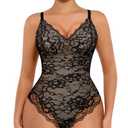 FeelinGirl Bodysuits for Women Shapewear Tummy Control Lace V-Neck Body Suits Tops Backless Body Shaper Black XL