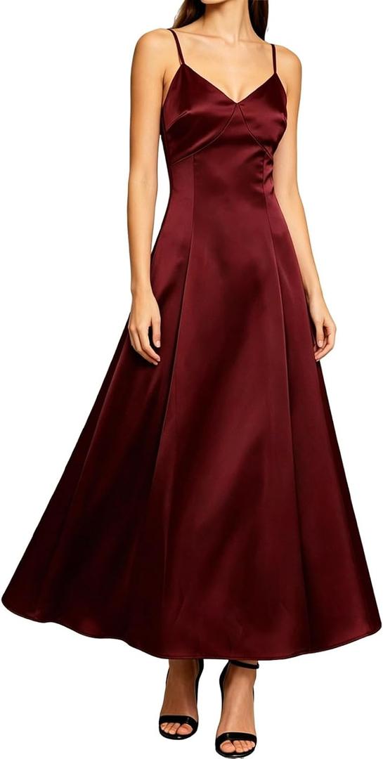 RIHOAS Women's Elegant Flowy Spaghetti Strap Dress - A Line Satin Maxi for Fall Wedding Guest, Formal Semi Formal (Red, XL)