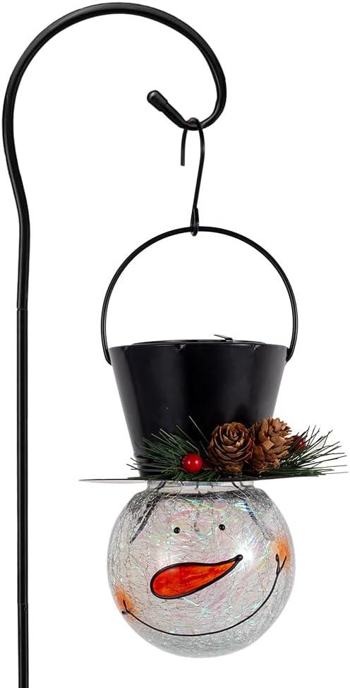 Viveta Snowman Solar Lantern,Christmas Hanging Solar Lanterns ,Crackle Glass Outdoor Waterproof Lantern with Shepherd Hook for Garden Decor- Pinecone