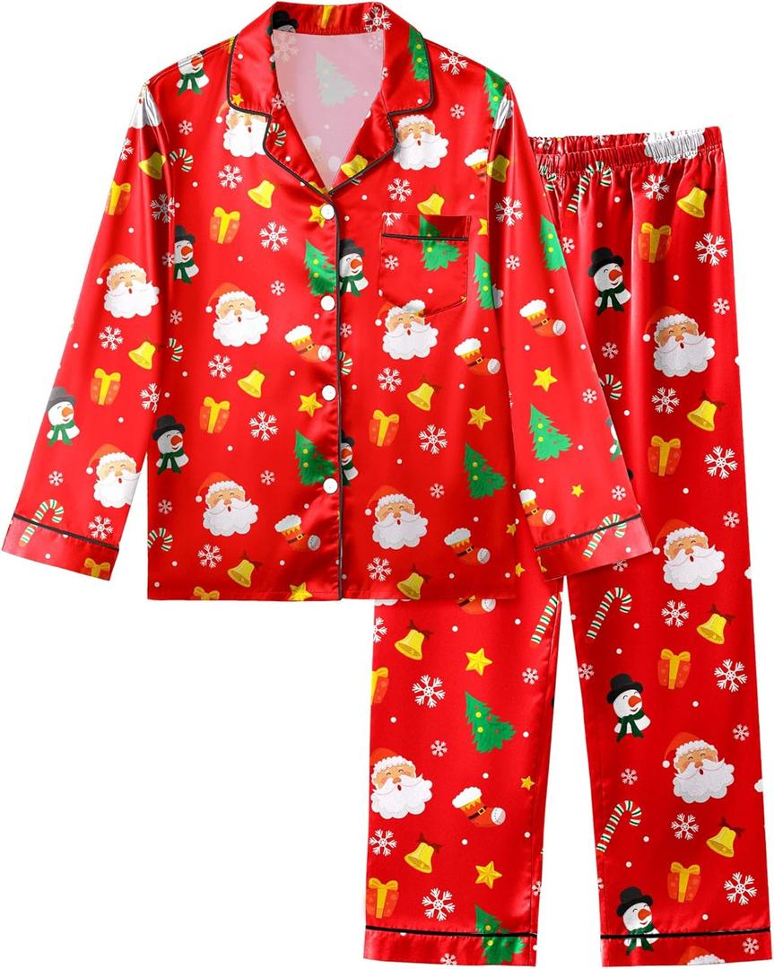 Sylfairy Girls Pajamas Silk PJS Set Satin Sleepwear Long Sleeve Jammies for Kids Button-Down Nightwear Loungewear (14Y, Christmas Santa Claus)