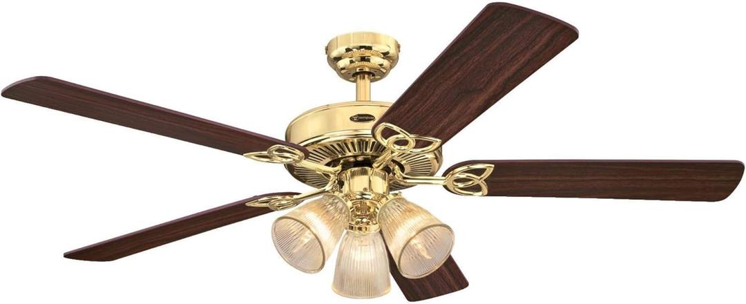 Westinghouse 7233800 Vintage Indoor Ceiling Fan with Light, 52 Inch, Polished Brass
