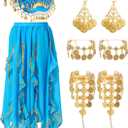 Haysandy 8 Pcs Belly Dance Outfit Sets Women,Belly Dance Skirt, Hip Scarf, 2 Bracelets, Earrings, Anklet Bracelet (Blue)