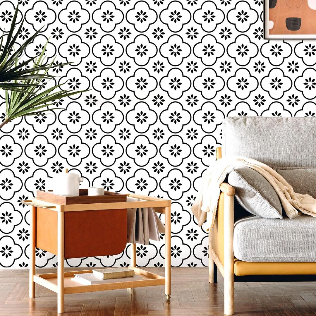 2 x Sevalo Black and White Peel and Stick Wallpaper Boho Contact Paper for Cabinets and Drawer Black White Contact Paper Kitchen Self-Adhesive Removable Wallpaper for Bathroom Modern Liner 17.5inW 78.7inL