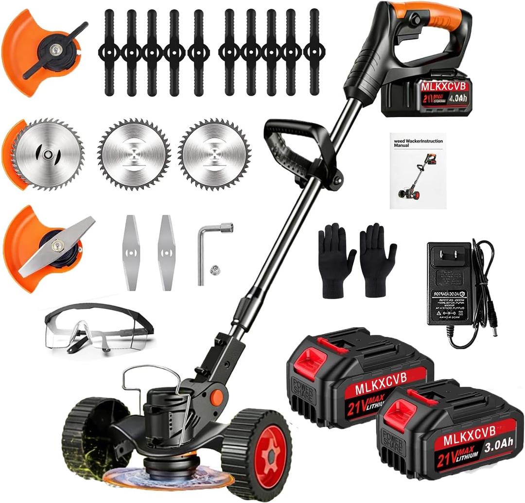Electric Weed Wacker,21V Cordless Weed Eater Battery Powered with 3 Types Blades and 2 Pack 4.0 Ah Batteries,3 in 1 Stringless Electric Brush Cutter with Wheels for Garden Yard Lawn, 35-47 inches