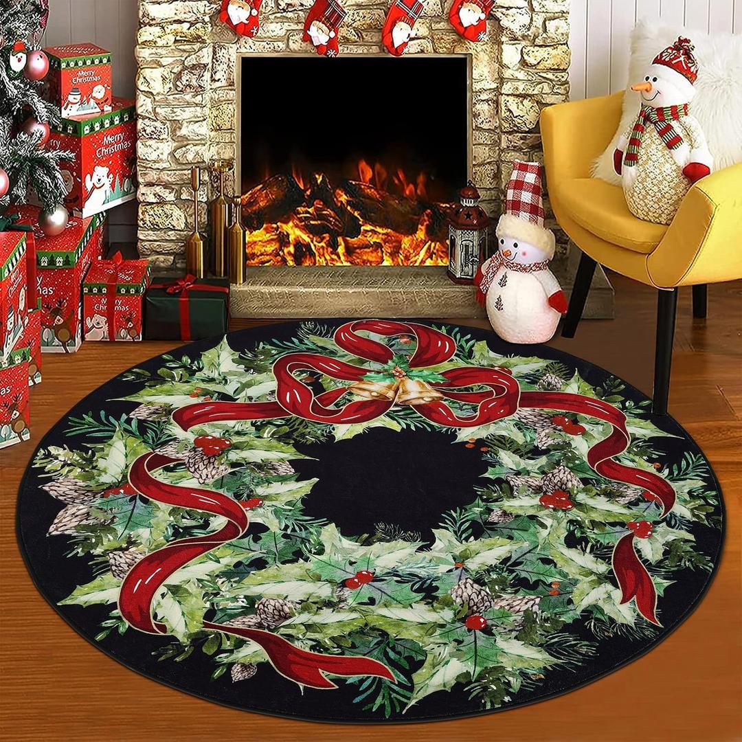 U'Artlines Christmas Washable Round Area Rug 5ft Bell Leaves Laundry Rug Runner Non Slip Soft Throw Rugs Carpet for Entryway Living Room Bedroom Black
