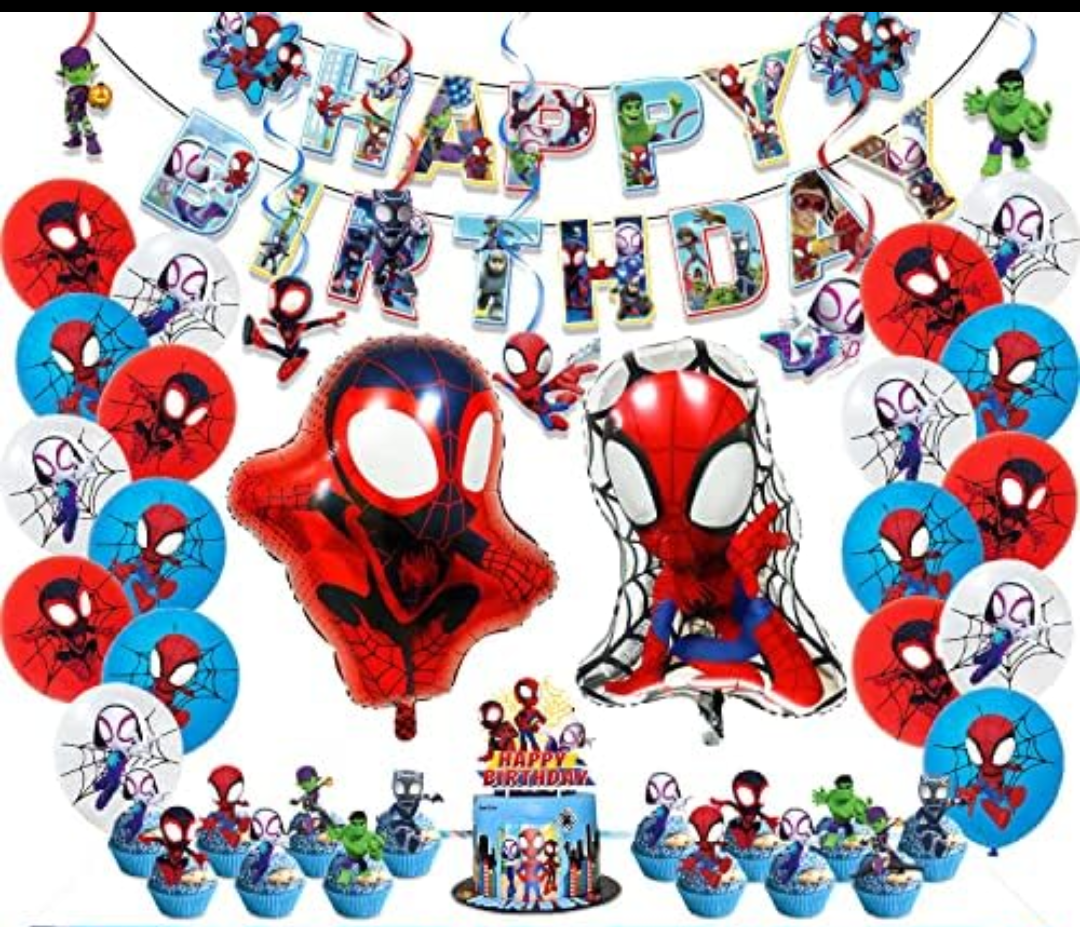 Spidey Birthday Decorations, Party Supplies Set Include Banner, Backdrop, Balloons, Hanging Swirls, Cake Cupcake Toppers, Tablecloth for Boys Girls Spidey Theme Party