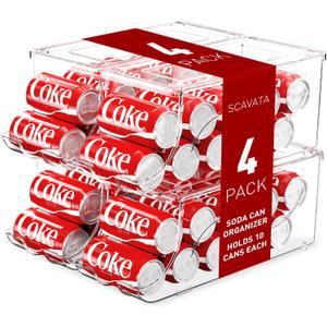Scavata 4 Pack Stackable Refrigerator Organizer, Soda Can Dispenser Pop Cans Container Beverage Holder with Lid for Fridge, Freezer, Kitchen, Clear Plastic Storage Bins-Holds 10 Cans Each (Transparent)