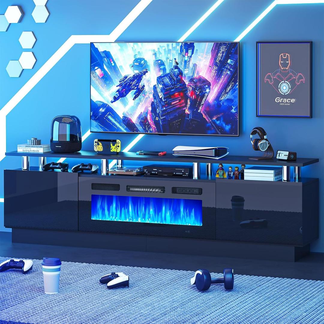 MXV 70" Fireplace TV Stand, Modern Entertainment Center & 36 Inch Electric Fireplace with Remote Control, LED Light, Fire Place Tv Stand for Living Room for TVs up to 80", Black + Black