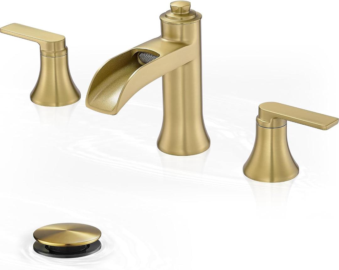Brushed Gold Bathroom Faucet, 8 Inch Waterfall Bathroom Sink Faucet, Brass Widespread 3 Hole Bathroom Faucets, 2 Handles Faucets for Bathroom Sinks with Pop-up Drain for Vanity