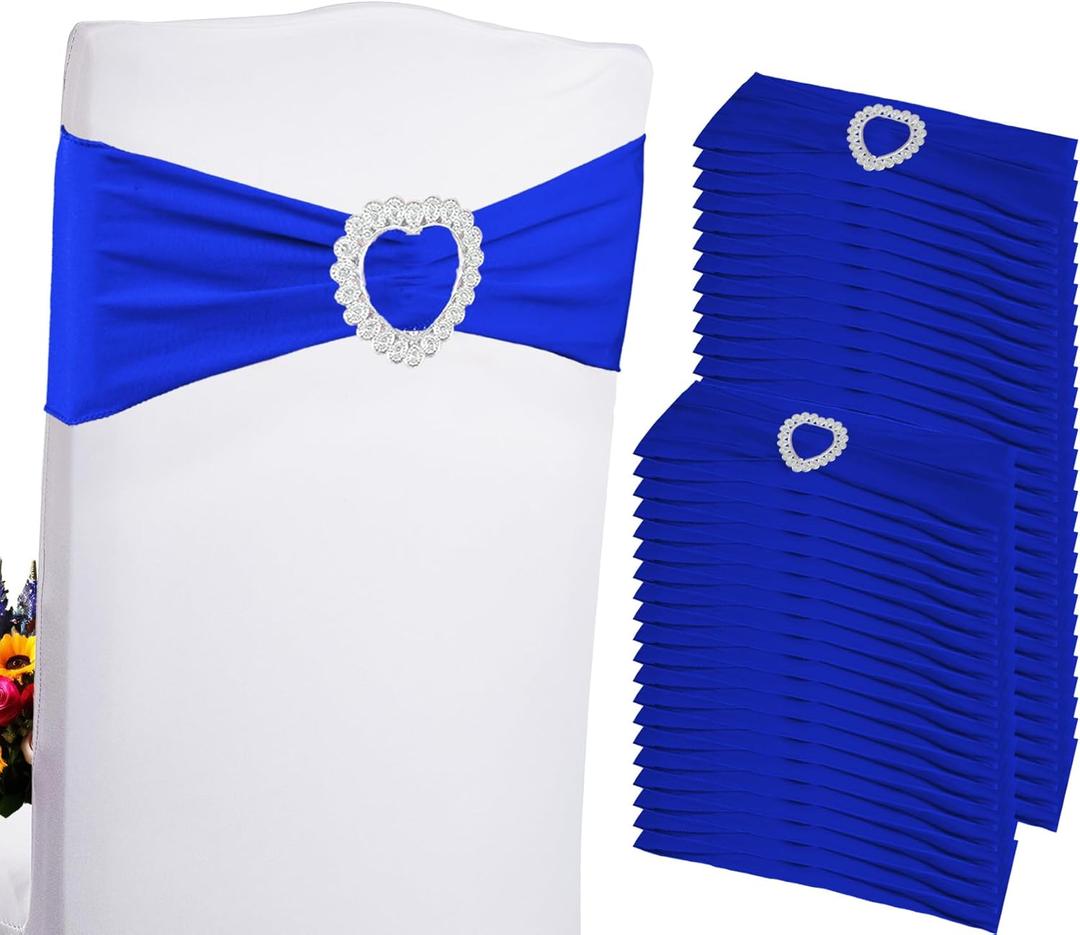 100PCS Spandex Stretch Royal Blue Chair Sashes Bows Universal Elastic Chair Cover Bands Ties with Buckle Slider for Wedding Party Ceremony Reception Event Banquet Decoration(Royal Blue)