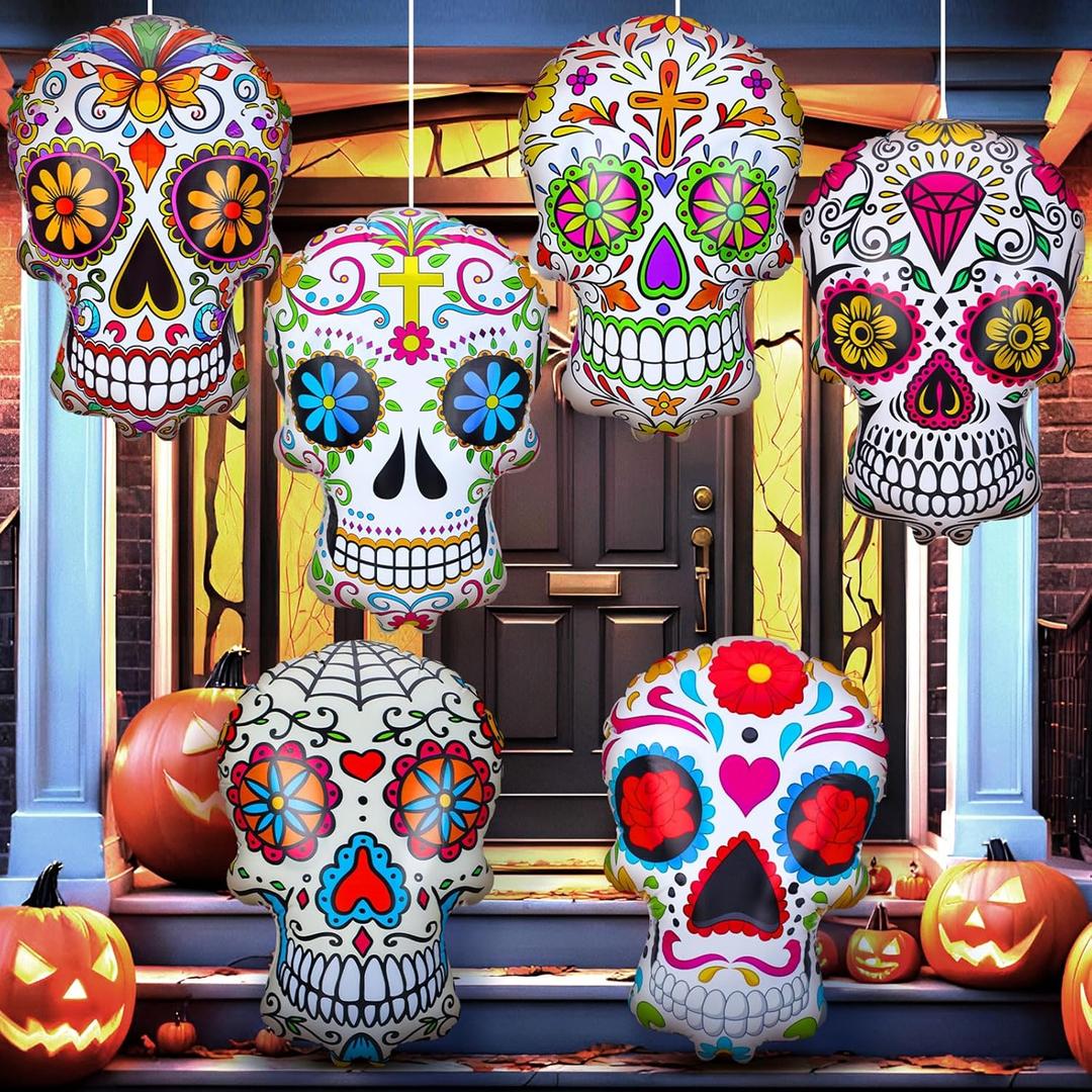 Soaoo 6 Pcs 24 Inch Inflatables Sugar Skull Decorations Blow up Day of The Dead Inflatable Dia De Los Muertos Large Double Sided Halloween Decor for Mexican Fiesta Party Yard Lawn Garden Outdoor
