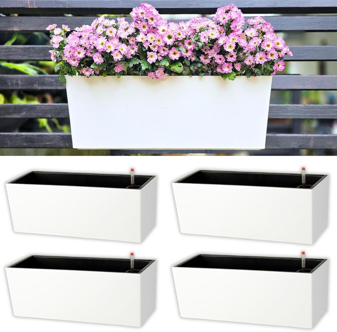LaLaGreen Railing Planter Box (20 Inch, 4 Pack) White Rectangular Window Flower Boxes with Bracket, Self Watering System Hanging Planter Box for Outdoor Plant Pots Container Deck Rail Fence Balcony (20" (50cm) x 4 Pack)