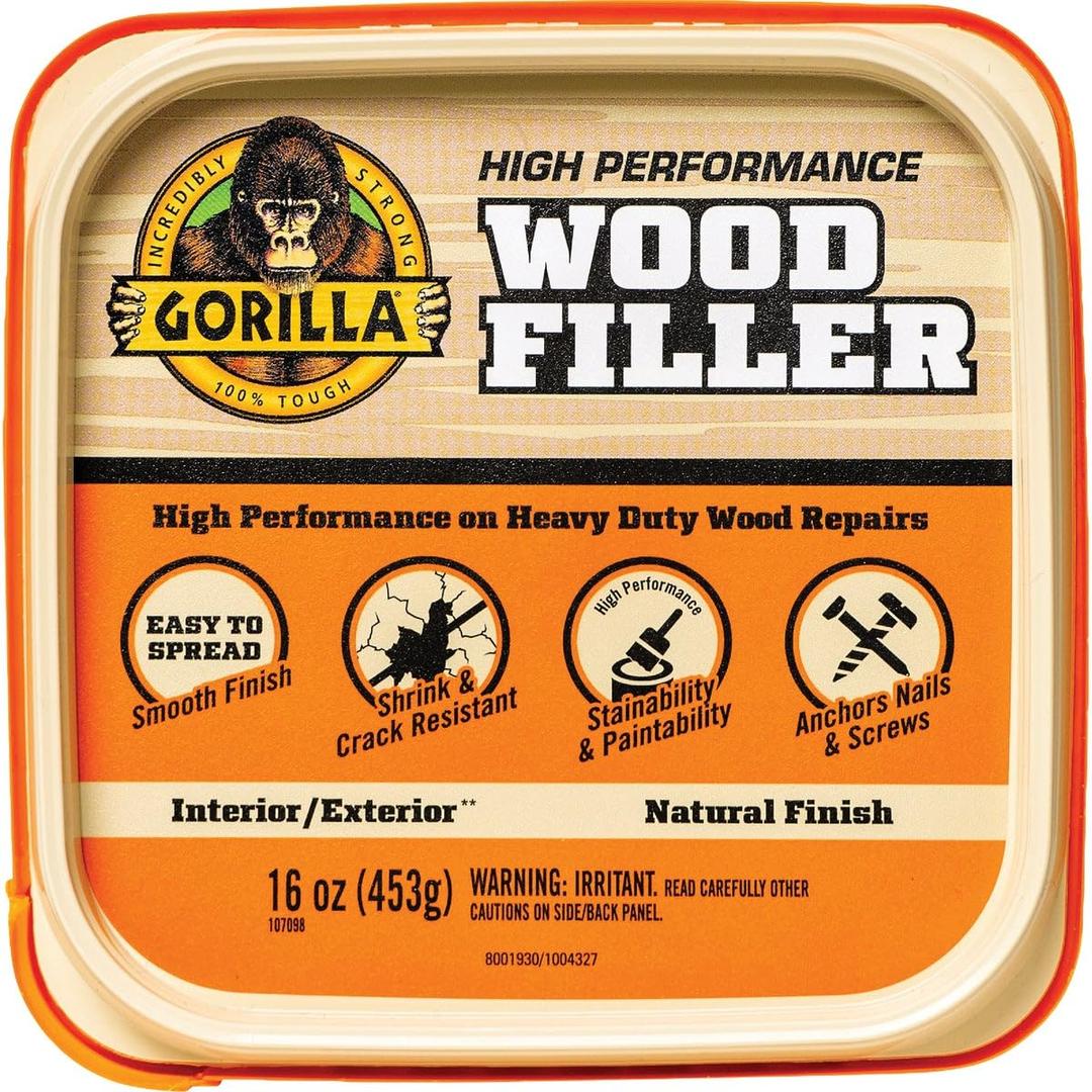 Gorilla All Purpose Wood Filler, Natural Finish, 16 Ounce Tub (Pack of 1) - Water Resistant for Indoor or Outdoor Projects and Repairs
