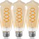 ST64 LED E26 Vintage Edison Light Bulbs, Light Amber Glass, Dimmable, 4W(40W Equivalent) 300 Lumens, 2500K Warm White, Spiral Filaments Design, Antique Style, 25000 Hrs, 3-Pack