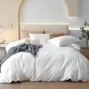 JIYUAN Queen Size Duvet Cover Set, 3-Piece - 100% Washed Cotton, Linen-Like Soft & Breathable with Zipper Closure, Includes 90x90 Inch Cover & 2 Pillowcases, Solid Bright White