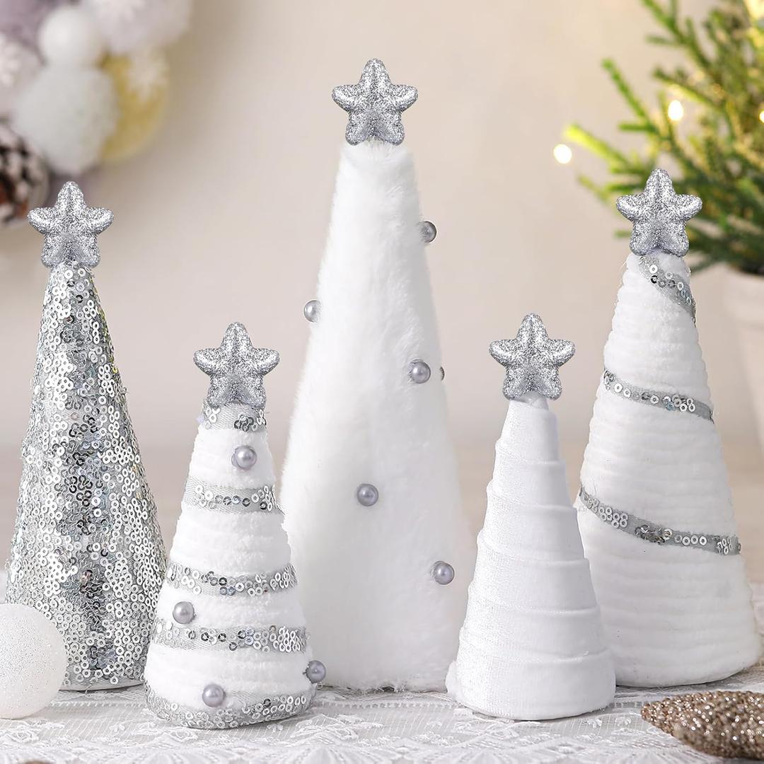 5 Pcs Silver and White Christmas Table Decorations Cone Yarn Tree Velvet Wool Plush Fur Surface Sequined Fabric Mini Christmas Trees for Tiered Tray Home Decoration for Xmas Holiday Decor