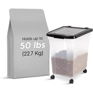 IRIS USA Airtight Dog Food Storage Container, WeatherPro, Up to 50 lbs, Removable Wheels, for Dog Cat Bird and Other Pet Food Storage Bin, Keep Fresh, Translucent Body, Made in USA, Clear/Black