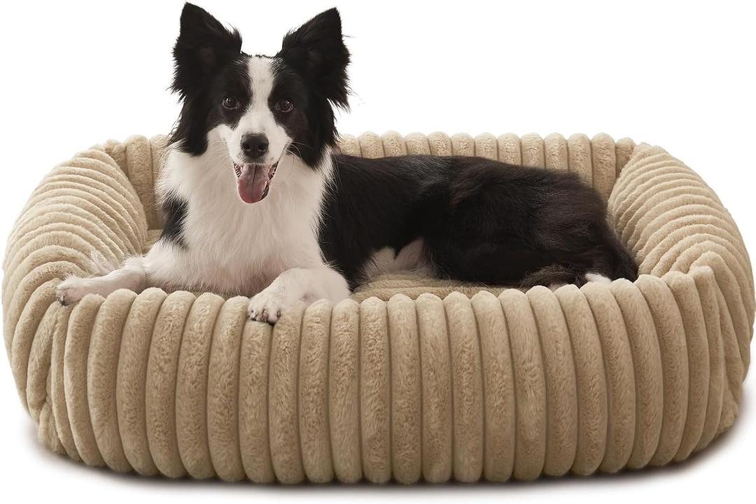FURTIME Dog Beds Large Sized Dog, Washable Orthopedic Pet Bed with Removable Cover, Rectangle Soft Calming Sleeping Puppy Bed Durable Pet Cuddler with Anti-Slip Bottom, Beige, L(36"x27"x8")