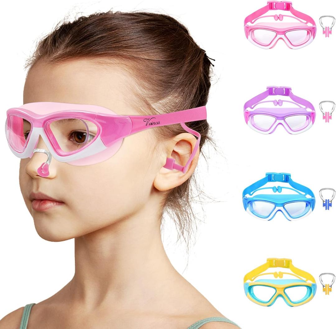 Vvinca Kids Swim Goggles for Kids 3-12, Upgraded Design with Ear & Nose Plug, Wide View Anit-Fog No Leak Water Pool Goggle (1 Pack Pink)