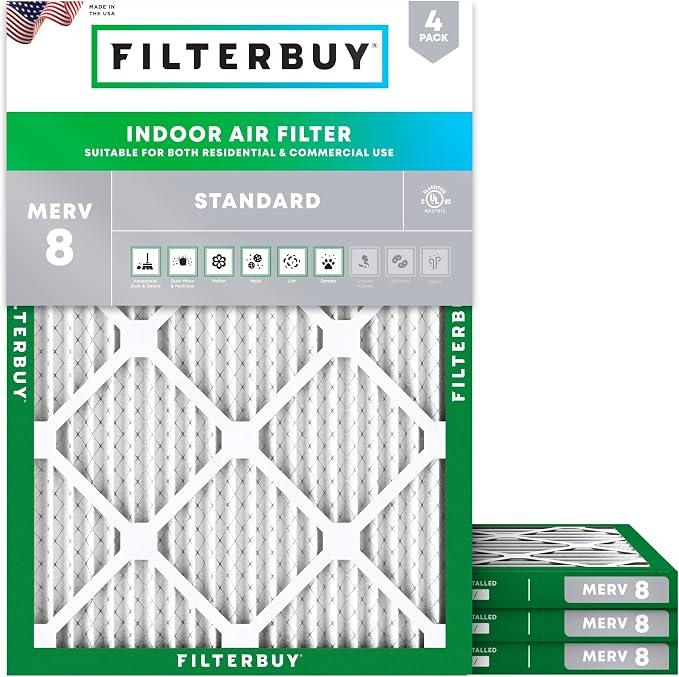 Filterbuy 19.88x21.5x1 Air Filter MERV 8 Dust & Allergy Defense (4-Pack)
Electrostatic Pleated HVAC AC Furnace Filters Replacement, Made in USA (Actual Size: 19.88 x 21.50 x 0.75)