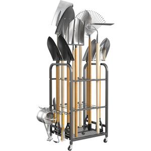 TORACK Garden Tool Organizer Stand with Wheels, Rakes Shovels Yard Tools Stand for Garage, Shed, Garden, Indoor/Outdoor Long-Handled Tools Cart