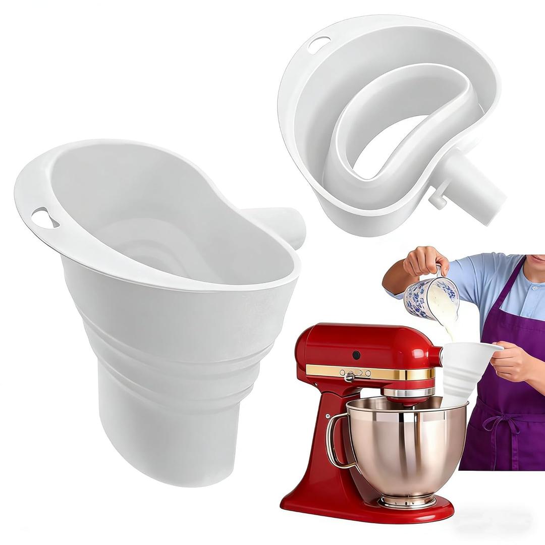 Flour Funnel for Kitchen Aid Mixer - New Silicone Kitchen Funnels, Flour Funnel Attachment for Kitchen Aid Artisan Ksm150 5-Quart Tilt-Head Stand Mixer, Durable & Mess Free - White