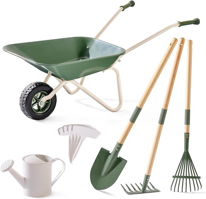 ROBUD Kids Wheelbarrow with Gardening Tools Set, for Ages 3+ Boys