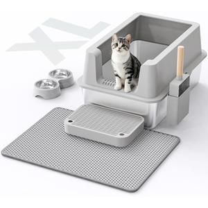 Stainless Steel Cat Litter Box - Enclosed XL Metal Kitty Litter Box with Lid for Big Cats, High Sided, Anti-Leakage, Easy Cleaning, Non-Sticky, Included Litter Mat, Cat Bowl & Spoon