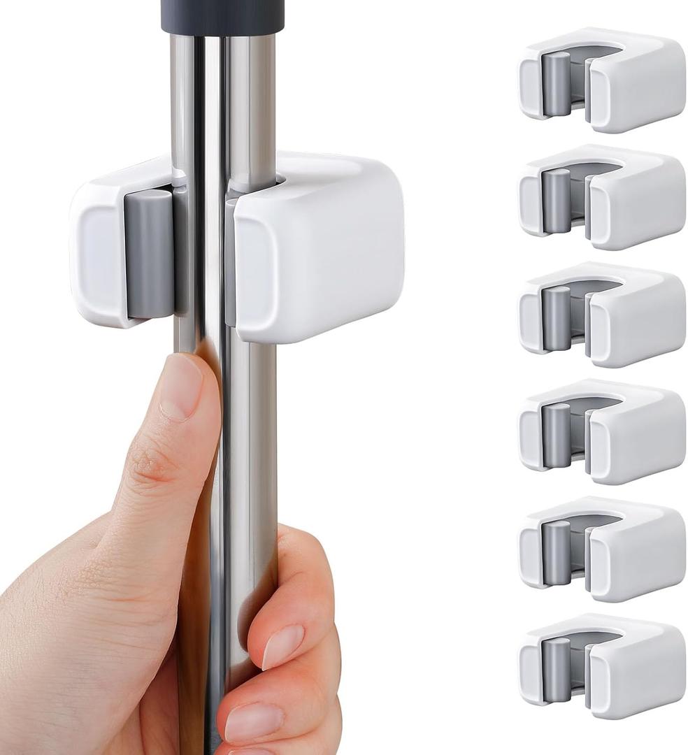 funest 6 Pack Mop and Broom Holder Wall Mount, No Drill Needed Self Adhesive, Non-Slip Mop Grippers for Tile Walls - Kitchen, Bathroom, GarageWhite