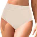 Zmart High Waisted Bikini Bottoms - Women's Full Coverage Ruched Bathing Suit Bottom Low Cut Swimsuit Beige S